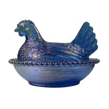 Rose’s Closet Blue Carnival Glass Hen on Nest 3 1/2” tall 4 3/4” long New