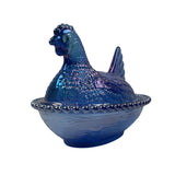 Rose’s Closet Blue Carnival Glass Hen Chicken on Nest 3 1/2” tall 4 3/4” long New