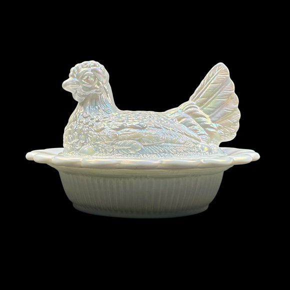 Hen On Nest Carnival Milk Glass 7” Mosser New Vintage Farmhouse Style Candy Dish
