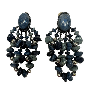 Vintage Handmade Blue Seed Bead Stone Clip On Drop Triple Dangle Earrings Jewelry