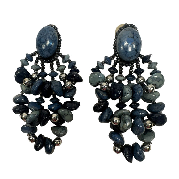 Vintage Handmade Blue Seed Bead Stone Clip On Drop Triple Dangle Earrings Jewelry