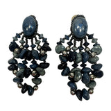 Vintage Handmade Blue Seed Bead Stone Clip On Drop Triple Dangle Earrings Jewelry