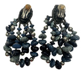 Vintage Handmade Blue Seed Bead Stone Clip On Drop Triple Dangle Earrings Jewelry