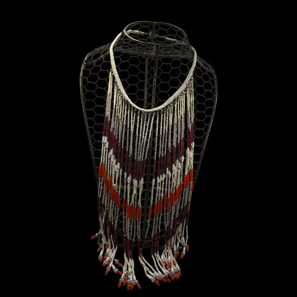 Collar Waterfall Red White Multi Strand Handmade Seed Bead Statement Necklace