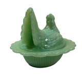 Mosser Hen on Nest Art Glass Jadeite Green Chicken 7” New Farmhouse Covered Dish USA