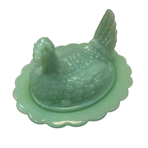 Mosser Hen on Nest Art Glass Jadeite Green Chicken 7” New Farmhouse Covered Dish USA