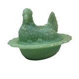 Mosser Hen on Nest Art Glass Jadeite Green Chicken 7” New Farmhouse Covered Dish USA