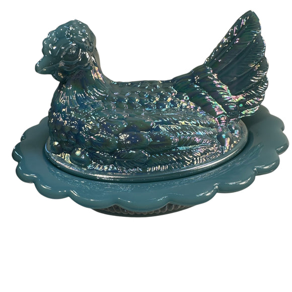 Hen On Nest Carnival Georgia Blue 7” Mosser New Farmhouse Chicken Candy Dish New