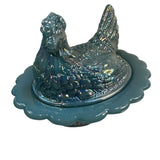 Mosser Hen On Nest Art Glass Carnival Georgia Blue 7” New Farmhouse Chicken Candy Dish New