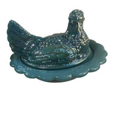 Mosser Hen On Nest Art Glass Carnival Georgia Blue 7” New Farmhouse Chicken Candy Dish New
