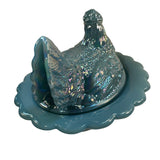 Mosser Hen On Nest Art Glass Carnival Georgia Blue 7” New Farmhouse Chicken Candy Dish New