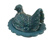 Mosser Hen On Nest Art Glass Carnival Georgia Blue 7” New Farmhouse Chicken Candy Dish New