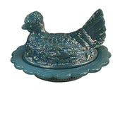 Mosser Hen On Nest Art Glass Carnival Georgia Blue 7” New Farmhouse Chicken Candy Dish New