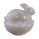 Mosser Bunny On A Basket Art Glass Rabbit Nest Tuscan Crown Pink Covered Dish New USA