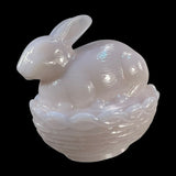 Mosser Bunny On A Basket Art Glass Rabbit Nest Tuscan Crown Pink Covered Dish New USA