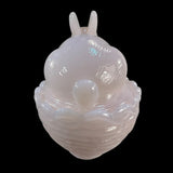 Mosser Bunny On A Basket Art Glass Rabbit Nest Tuscan Crown Pink Covered Dish New USA