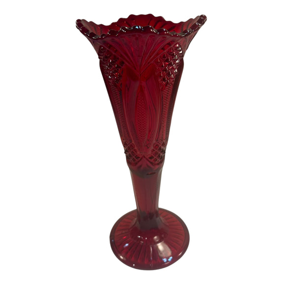 Mosser Ruby Red Glass Diamond Cut Vase Partial Glow New USA