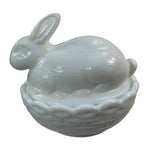 Mosser Milk Glass Bunny Rabbit On A Basket Nest White Covered Dish New USA