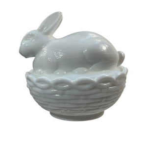 Mosser Bunny On A Basket Art Glass Rabbit Milk Glass Nest White Covered Dish New USA