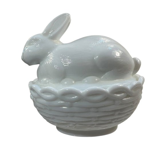 Mosser Bunny On A Basket Art Glass Rabbit Milk Glass Nest White Covered Dish New USA