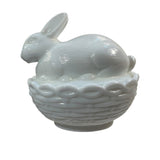 Mosser Bunny On A Basket Art Glass Rabbit Milk Glass Nest White Covered Dish New USA