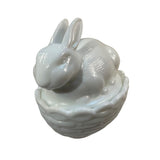 Mosser Bunny On A Basket Art Glass Rabbit Milk Glass Nest White Covered Dish New USA