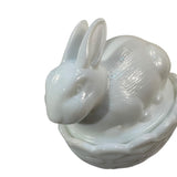 Mosser Bunny On A Basket Art Glass Rabbit Milk Glass Nest White Covered Dish New USA
