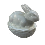 Mosser Bunny On A Basket Art Glass Rabbit Milk Glass Nest White Covered Dish New USA