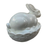 Mosser Bunny On A Basket Art Glass Rabbit Milk Glass Nest White Covered Dish New USA