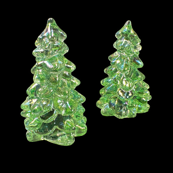 Pair Mosser Glass Trees Green Carnival Iridescent 2.75” USA New Evergreen