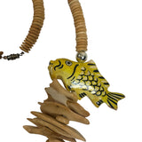 Handcrafted Fish Pendant Necklace With Wood Beads Natural Bone Accents Unique Statement Jewelry