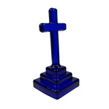 Mosser Cobalt Blue Glass Cross Figurine On Tiered Base 4.5" Religious Decor Christian Easter New USA