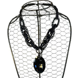 Vintage Chicos Black Multi-Strand Beaded Necklace With Large Faceted Pendant & Rhinestone Accents