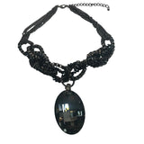 Vintage Chicos Black Multi-Strand Beaded Necklace With Large Faceted Pendant & Rhinestone Accents