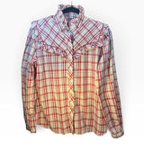 Vintage 1970s Tem Tex Women’s Red Plaid Pearl Snap Blouse Ruffled Yoke Western Pearl Snaps Cowgirl Size L