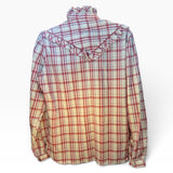 Vintage 1970s Tem Tex Women’s Red Plaid Pearl Snap Blouse Ruffled Yoke Western Pearl Snaps Cowgirl Size L
