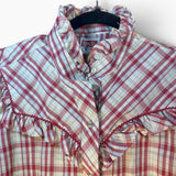 Vintage 1970s Tem Tex Women’s Red Plaid Pearl Snap Blouse Ruffled Yoke Western Pearl Snaps Cowgirl Size L