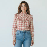 Vintage 1970s Tem Tex Women’s Red Plaid Pearl Snap Blouse Ruffled Yoke Western Pearl Snaps Cowgirl Size L