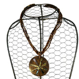 Handcrafted Six Strand Brown Beaded Necklace With Abalone Inlay Round Pendant