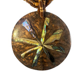 Handcrafted Six Strand Brown Beaded Necklace With Abalone Inlay Round Pendant
