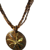 Handcrafted Six Strand Brown Beaded Necklace With Abalone Inlay Round Pendant