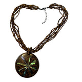 Handcrafted Six Strand Brown Beaded Necklace With Abalone Inlay Round Pendant