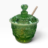 Mosser Green Opalescent Eye Winker Glass Bees Honey Jar Pot USA New