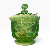 Mosser Green Opalescent Eye Winker Glass Bees Honey Jar Pot USA New