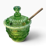 Mosser Green Opalescent Eye Winker Glass Bees Honey Jar Pot USA New