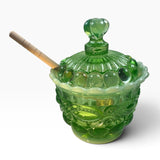 Mosser Green Opalescent Eye Winker Glass Bees Honey Jar Pot USA New