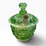 Mosser Green Opalescent Eye Winker Glass Bees Honey Jar Pot USA New