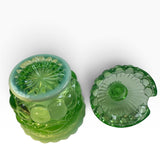Mosser Green Opalescent Eye Winker Glass Bees Honey Jar Pot USA New