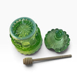 Mosser Green Opalescent Eye Winker Glass Bees Honey Jar Pot USA New