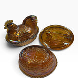 Rosso Westmoreland Carnival Glass Amber Hen and Rooster Nest Set USA New